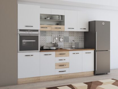 Bucatarie Alfa 240 cm, alb/sonoma, blat termic nuc, corp inalt cuptor