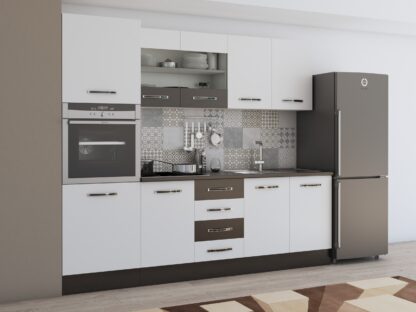 Bucatarie Alfa 240 cm, alb/wenge, blat termic wenge, corp inalt cuptor