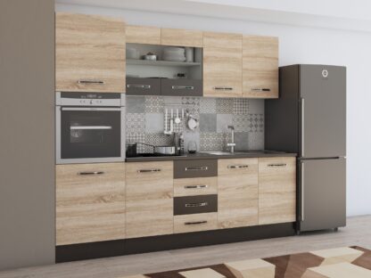 Bucatarie Alfa 240 cm, sonoma/wenge, blat termic wenge, corp inalt cuptor
