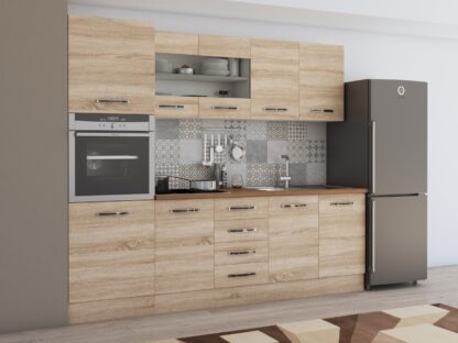 Bucatarie Alfa 240 cm, sonoma, blat termic nuc, corp inalt cuptor