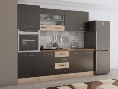 Bucatarie Alfa 240 cm, wenge/sonoma, blat termic nuc, corp inalt cuptor
