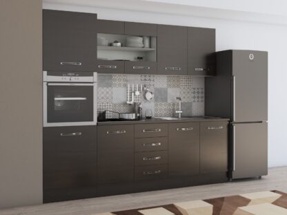 Bucatarie Alfa 240 cm, wenge, blat termic wenge, corp inalt cuptor