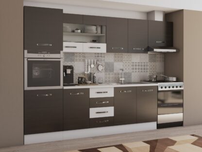 Bucatarie Alfa 300 cm, wenge / alb, blat termic alb, corp inalt cuptor si corp hota