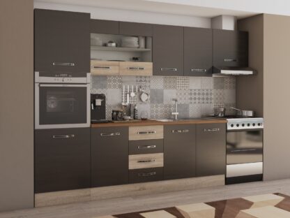 Bucatarie Alfa 300 cm, wenge / sonoma, blat termic nuc, corp inalt cuptor si corp hota