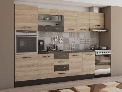 Bucatarie Alfa 300 cm, sonoma / wenge, blat termic wenge, corp inalt cuptor si corp hota
