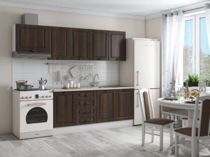 Bucatarie Maya 240 cm, nuc columbia, blat Kastamonu Travertin 28 mm, fronturi MDF, corp hota