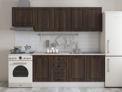 Bucatarie Maya 240 cm, nuc columbia, blat Kastamonu Travertin 28 mm, fronturi MDF, corp hota - imagine 3