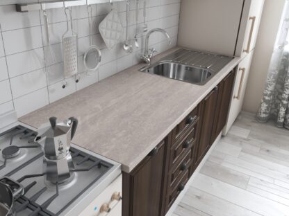 Bucatarie Maya 240 cm, nuc columbia, blat Kastamonu Travertin 28 mm, fronturi MDF, corp hota - imagine 5