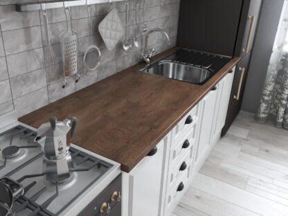 Bucatarie Maya 180 cm, alb titan uni structo, blat stejar Endgrain Cognac 28 mm, fronturi MDF - imagine 5