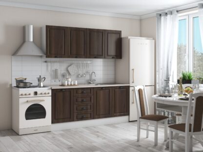 Bucatarie Maya 180 cm, nuc columbia, blat Kastamonu Travertin 28 mm, fronturi MDF