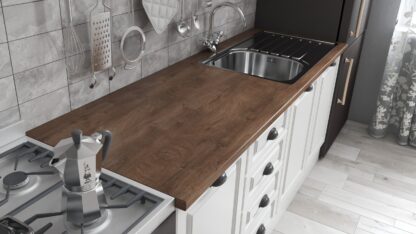 Bucatarie Maya 240 cm, alb titan uni structo, blat stejar Endgrain Cognac 28 mm, fronturi MDF, corp hota - imagine 5