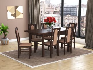Set masa extensibila 120x150cm cu 6 scaune tapitate, MB-13 Max5 si S-37 Boss7 O15, nuc, lemn masiv de fag, stofa