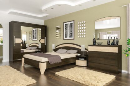 Set Dormitor Alyaska, Wenge, Dulap 200 cm, Pat 160×200 cm, 2 noptiere, comoda