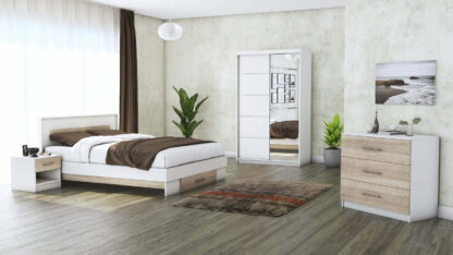 Set Dormitor Beta, alb / sonoma, dulap 120 cm, pat 140x200 cm, 2 noptiere, comoda