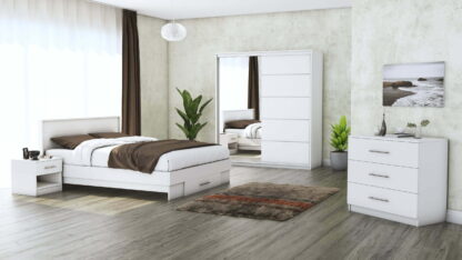 Set Dormitor Beta, alb, dulap 183 cm, pat 140×200 cm, 2 noptiere, comoda
