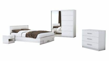 Set Dormitor Beta, alb, dulap 183 cm, pat 140×200 cm, 2 noptiere, comoda - imagine 2