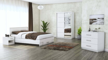 Set Dormitor Beta, alb, dulap 120 cm, pat 140x200 cm, 2 noptiere, comoda