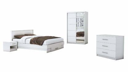 Set Dormitor Beta, alb, dulap 120 cm, pat 140x200 cm, 2 noptiere, comoda - imagine 2