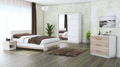 Set Dormitor Beta, alb / sonoma, dulap 150 cm, pat 140×200 cm, 2 noptiere, comoda