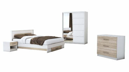 Set Dormitor Beta, alb / sonoma, dulap 150 cm, pat 140×200 cm, 2 noptiere, comoda - imagine 2