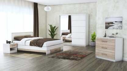 Set Dormitor Beta, alb / sonoma, dulap 183 cm, pat 140×200 cm, 2 noptiere, comoda