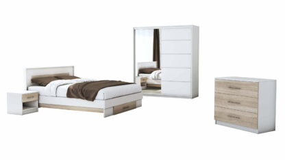 Set Dormitor Beta, alb / sonoma, dulap 183 cm, pat 140×200 cm, 2 noptiere, comoda - imagine 2