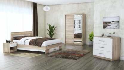 Set Dormitor Beta, sonoma / alb, dulap 120 cm, pat 140x200 cm, 2 noptiere, comoda