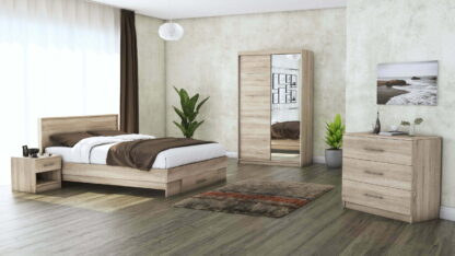 Set Dormitor Beta, sonoma, dulap 120 cm, pat 140x200 cm, 2 noptiere, comoda