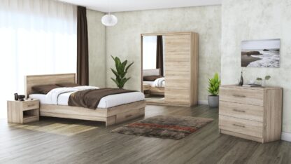 Set Dormitor Beta, sonoma, dulap 150 cm, pat 140×200 cm, 2 noptiere, comoda