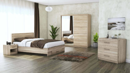 Set Dormitor Beta, Sonoma, Dulap 183 cm, Pat 160x200 cm, 2 noptiere, comoda