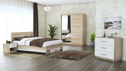 Set Dormitor Beta, sonoma / alb, dulap 150 cm, pat 140×200 cm, 2 noptiere, comoda