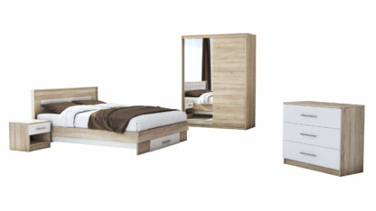 Set Dormitor Beta, sonoma / alb, dulap 150 cm, pat 140×200 cm, 2 noptiere, comoda - imagine 2