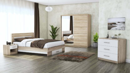 Set Dormitor Beta, sonoma / alb, dulap 183 cm, pat 140×200 cm, 2 noptiere, comoda