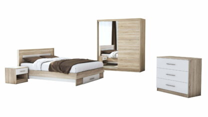 Set Dormitor Beta, sonoma / alb, dulap 183 cm, pat 140×200 cm, 2 noptiere, comoda - imagine 2