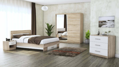 Set Dormitor Beta, Sonoma / Alb, Dulap 183 cm, Pat 160x200 cm, 2 noptiere, comoda