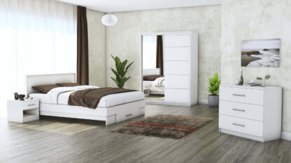 Set Dormitor Beta, alb, Dulap 150 cm, Pat 140×200 cm, 2 noptiere, comoda