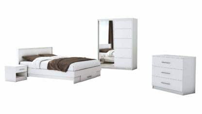 Set Dormitor Beta, alb, Dulap 150 cm, Pat 140×200 cm, 2 noptiere, comoda - imagine 2