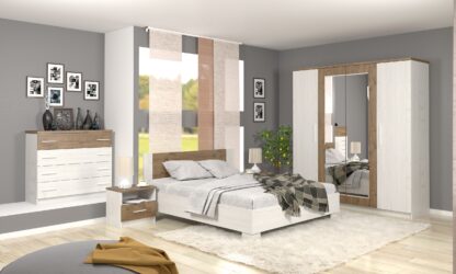 Set Dormitor Markos, Alb/Stejar inchis, Dulap 200 cm, Pat 160×200 cm, 2 noptiere, comoda
