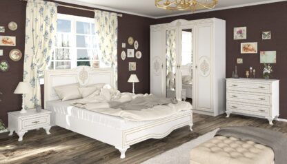 Set Dormitor Milan, Alb, Dulap 180 cm, Pat 160×200 cm, 2 noptiere, comoda