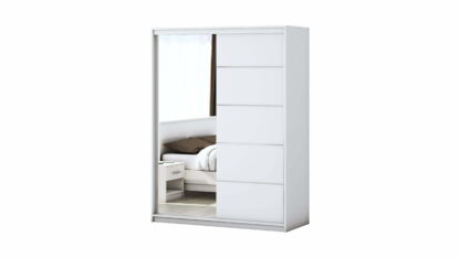 Set Dormitor Beta, alb, Dulap 150 cm, Pat 140×200 cm, 2 noptiere, comoda - imagine 4