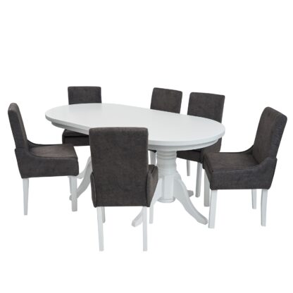 Set masa fixa 180 cm cu 6 scaune tapitate, MB-81 si T13 Z14, Alb, lemn masiv, stofa - imagine 3