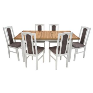 Set masa extensibila 160 x 240 cm cu 6 scaune tapitate, MB-21 Modena2 XL si S-37 Boss7 18A, Wotan/Bialy, lemn masiv de fag, stofa