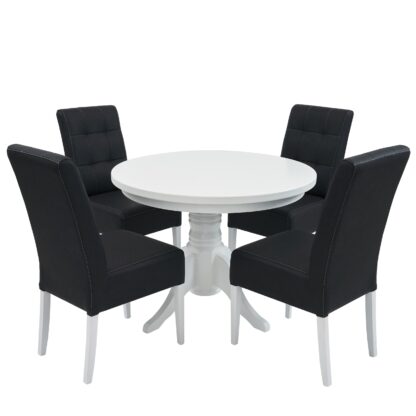 Set masa fixa 100 cm cu 4 scaune tapitate, MB-80 si Sonia, Alb/Maro, lemn masiv, piele ecologica
