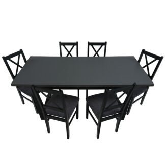 Set masa extensibila 140x180 cm cu 6 scaune tapitate, MB-13 Ikon 3 si S-38 CZ Nilo10 24Z, Grafit/Czarny, lemn masiv de fag, stofa