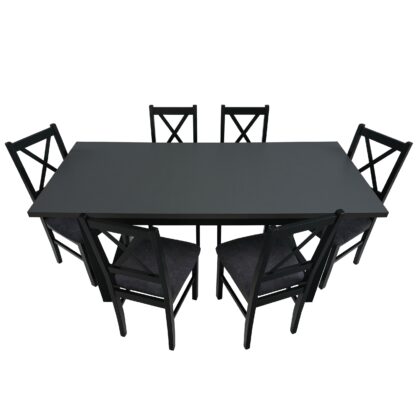 Set masa extensibila 140x180 cm cu 6 scaune tapitate, MB-13 Ikon 3 si S-38 CZ Nilo10 24Z, Grafit/Czarny, lemn masiv de fag, stofa