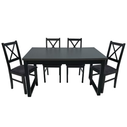 Set masa extensibila 140x180 cm cu 4 scaune tapitate, MB-13 Ikon 3 si S-38 CZ Nilo10 24Z, Grafit/Czarny, lemn masiv de fag, stofa