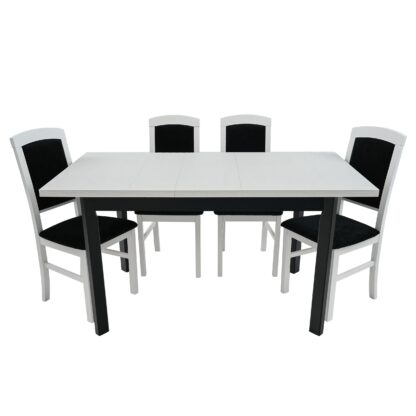 Set masa extensibila 120x150 cm cu 4 scaune tapitate, MB-13 Max5 P si S-38 Nilo4 29B, Bialy/Czarny, Lemn masiv de fag, Stofa