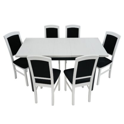 Set masa extensibila 120x150 cm cu 6 scaune tapitate, MB-13 Max5 P si S-38 Nilo4 29B, Bialy/Czarny, Lemn masiv de fag, Stofa