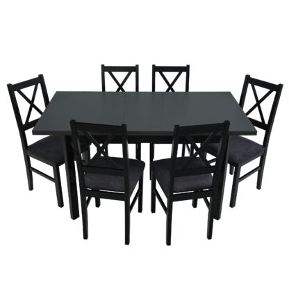 Set masa extensibila 120x150 cm cu 6 scaune tapitate, MB-13 Max5 P si S-38 CZ Nilo10 24Z, Grafit/Czarny, lemn masiv de fag, stofa