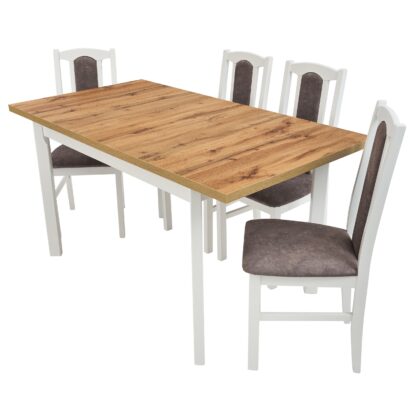 Set masa extensibila 120 x150 cm cu 4 scaune tapitate, MB-13 Max5 P si S-37 Boss7 B 18A, Wotan/Bialy, lemn masiv de fag, stofa - imagine 3